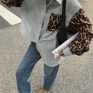 Striped Shirt with Leopard Print Sleeves